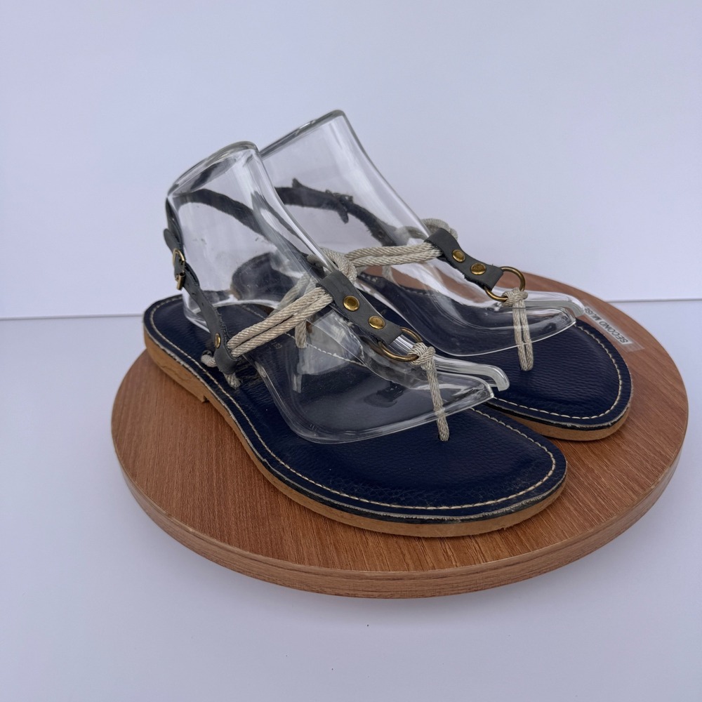 Kino Key West Thong Sandals Women's Size 9 Leather T Strap Beige Navy‎ Blue VGUC